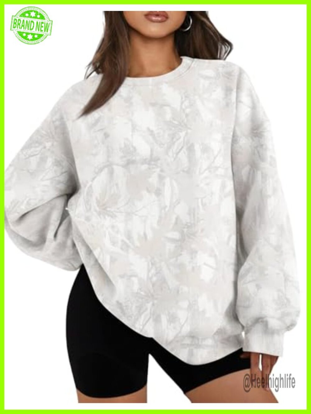 Oversized Camo Crew Neck Fleece Sweatshirt Maple Leaf Pullover